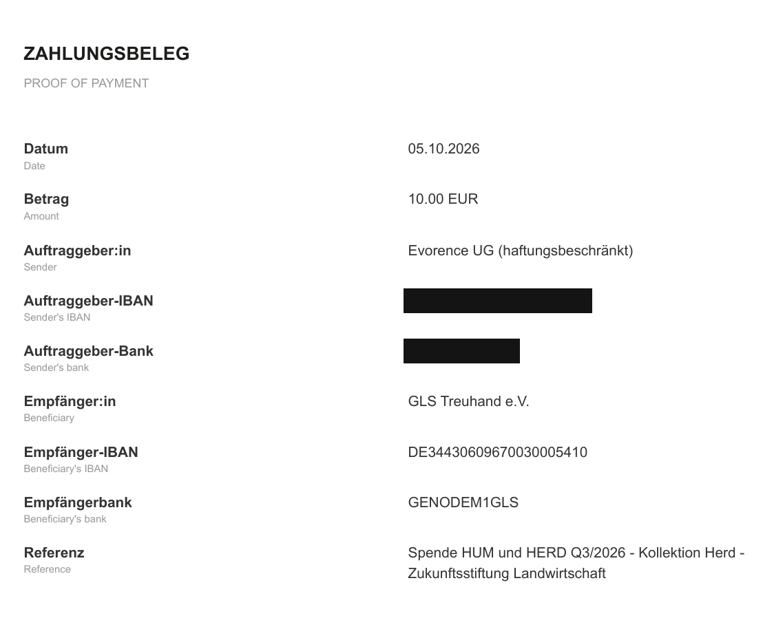 Zahlungsbeleg 05.10.2026, 10 € an GLS Treuhand e.V. für die Zukunftsstiftung Landwirtschaft, Verwendungszweck Spende HUM und HERD Q3/2026 Kollektion Herd, Kontodaten des Absenders geschwärzt