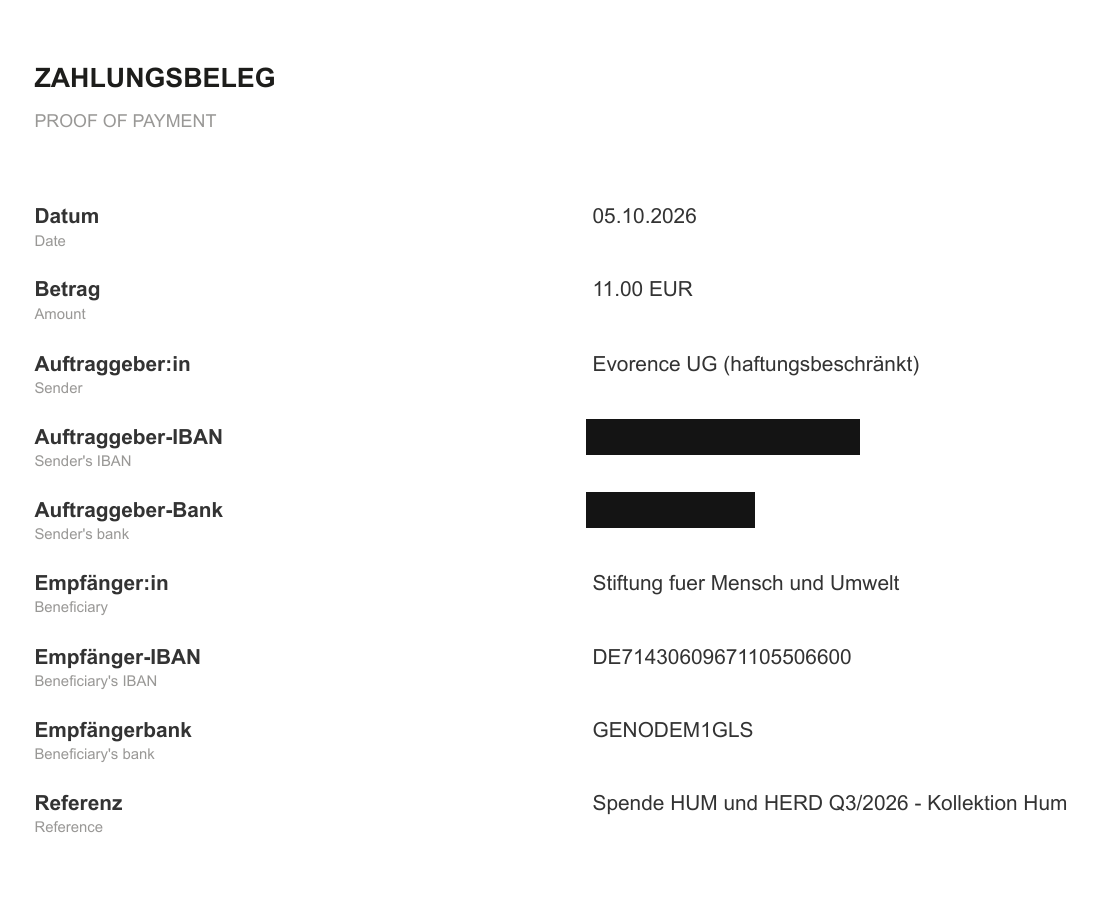 Zahlungsbeleg 05.10.2026, 11 € an Stiftung für Mensch und Umwelt, Verwendungszweck Spende HUM und HERD Q3/2026 Kollektion Hum, Kontodaten des Absenders geschwärzt