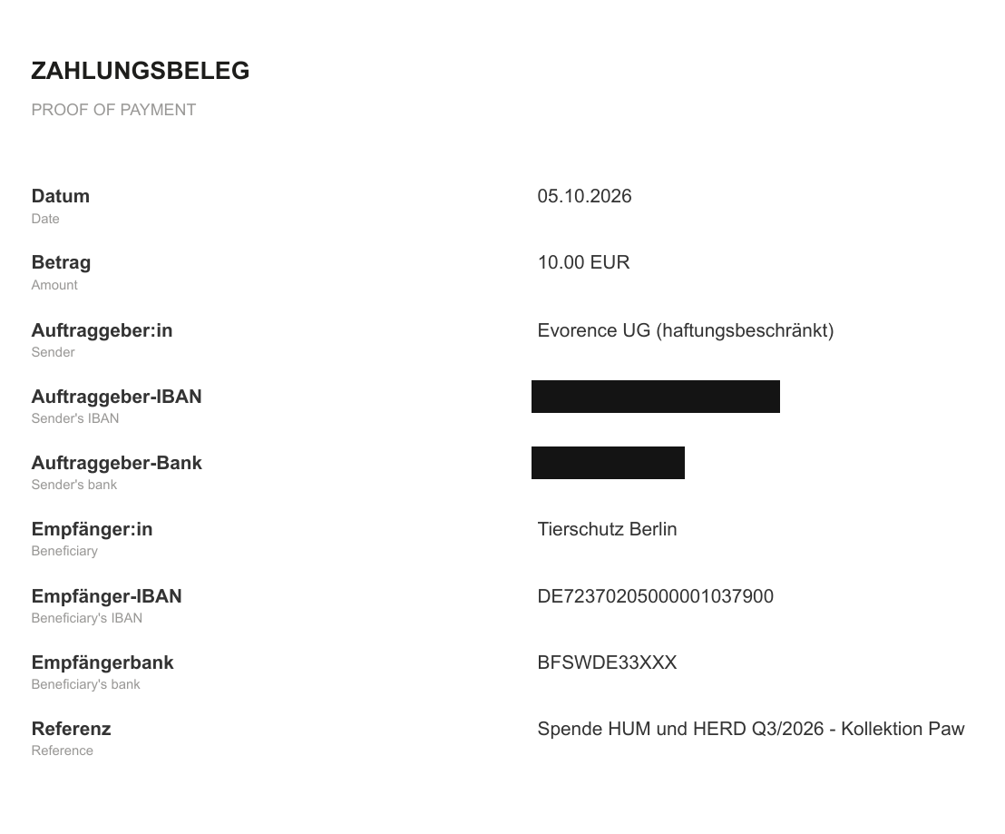 Zahlungsbeleg 05.10.2026, 10 € an Tierschutz Berlin, Verwendungszweck Spende HUM und HERD Q3/2026 Kollektion Paw, Kontodaten des Absenders geschwärzt